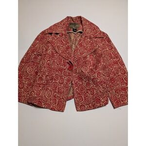 Mac & Jac Red Cream Rose Swirl Jacquard Cropped Blazer Jacket Womens Size 12